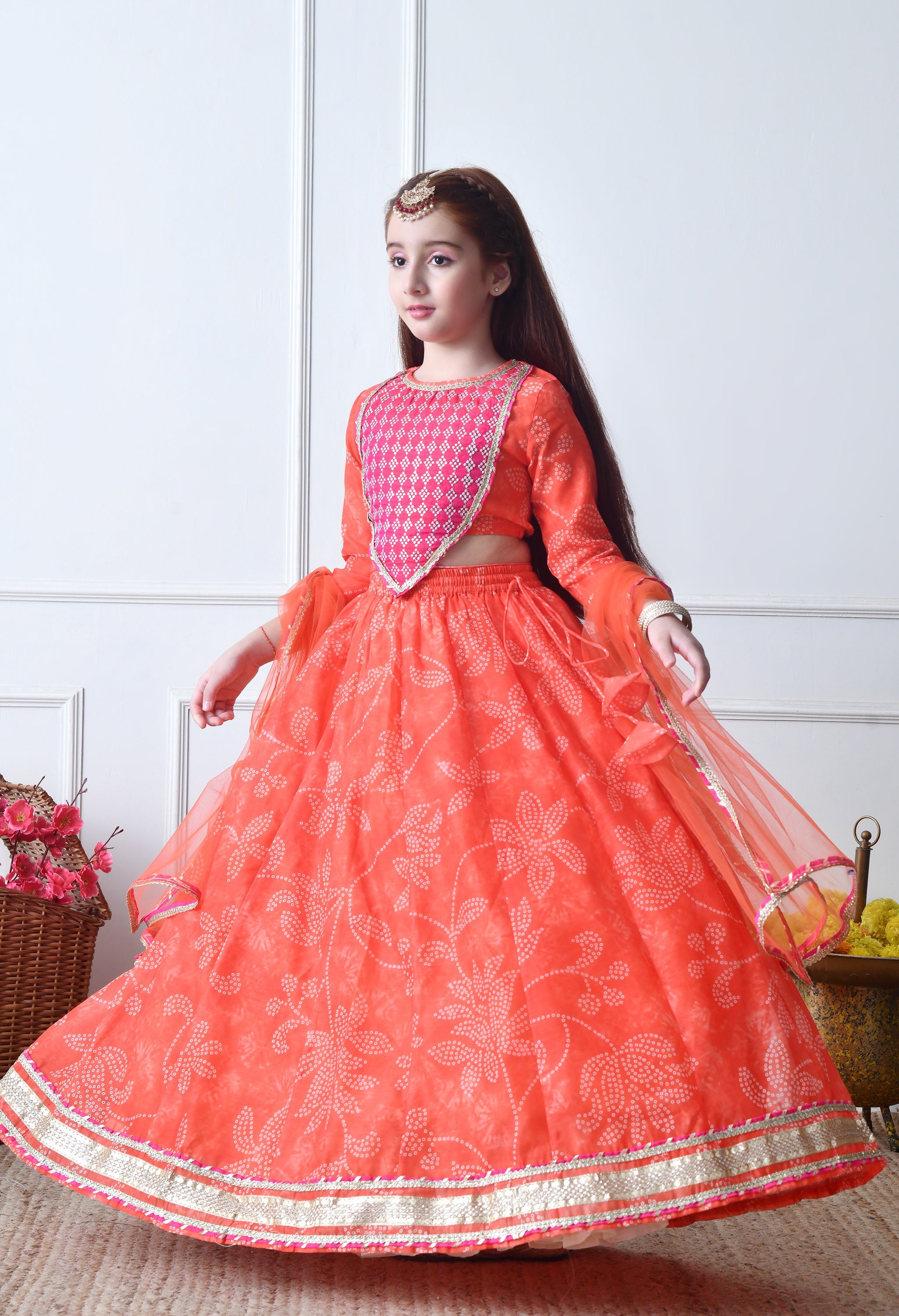 Girls Orange Printed Lehenga Choli Set with Dupatta