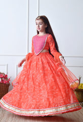 Girls Orange Printed Lehenga Choli Set with Dupatta
