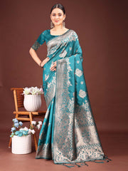 Emerald Banarasi Silk Saree with Zari Floral Work - Elegance Woven in Every Thread