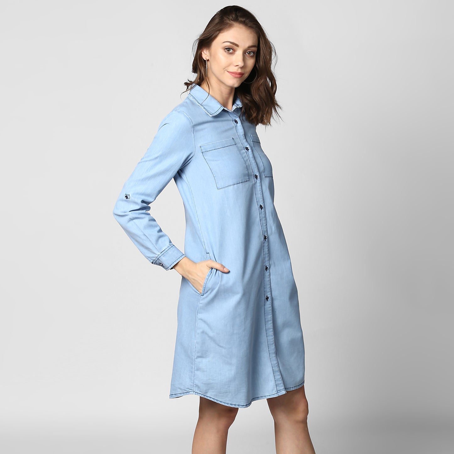 StyleStone Women's Light Blue Denim Double Pocket Double Flap Dress