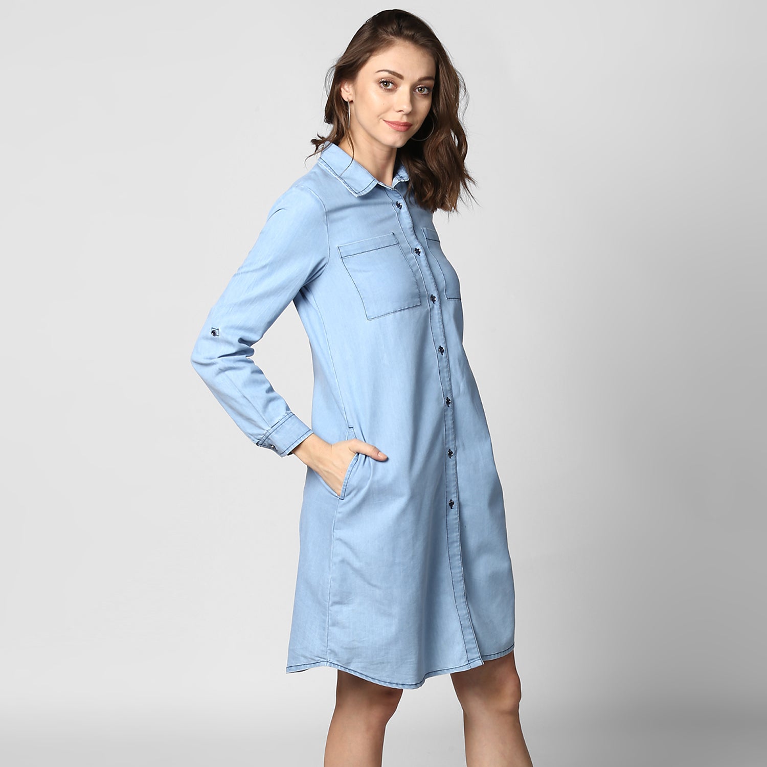 StyleStone Women's Light Blue Denim Double Pocket Double Flap Dress