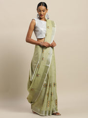 Royal Beige Linen Cotton Saree with Vibrant Floral Zari Border | Premium Festive & Party Collection