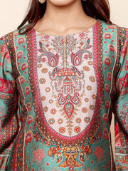 Women Green Round Neck Gotta Lace Detailed Ethnic Printed , Three Quarter Sleeve Straight Kurta  With Tonal Bottom With Lace Detailing
