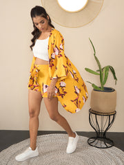 Women's Yellow Printed Shrug & Shorts Co-Ord Set
