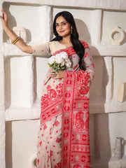 Elegant Woven Linen Cotton Saree for Durga Puja & Diwali | Ethnic Motif Design with Rich Zari Border | Soft, Breathable, Festive-Ready Traditional Drape