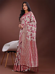 Stunning Beige & Red Linen Saree with Floral Print and Rich Zari Pallu – Festive & Traditional Wear