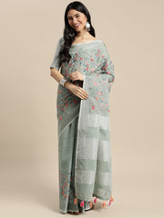 Royal Beige Linen Cotton Saree with Vibrant Floral Zari Border | Premium Festive & Party Collection