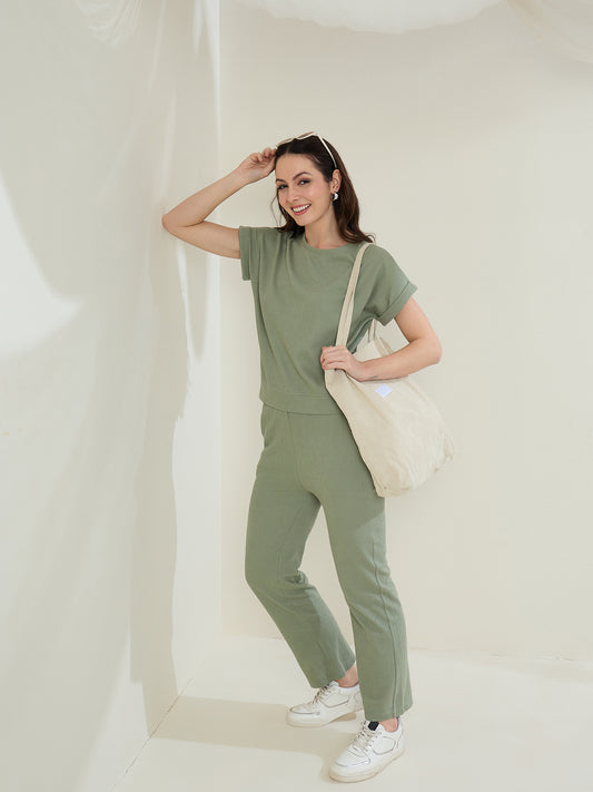 Women's  Olive Ribbed Cotton Co-Ord Set
