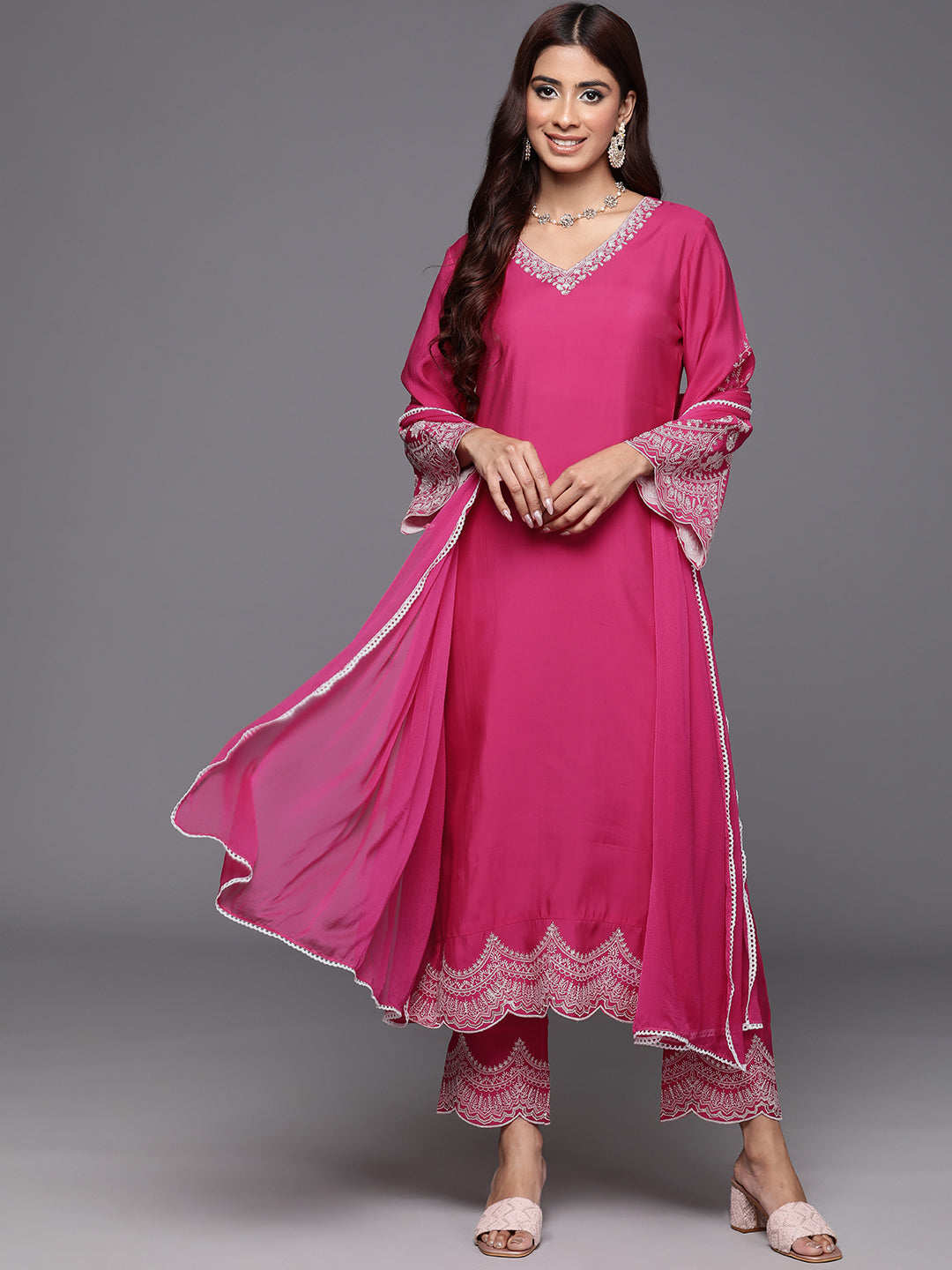 Women Pink Thread Embroidered V-Neck Straight Kurta With Bottom And Dupatta