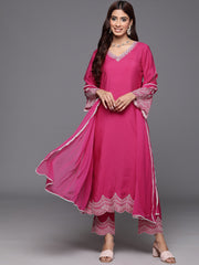 Women Pink Thread Embroidered V-Neck Straight Kurta With Bottom And Dupatta