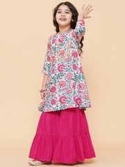 Silk blend Woven Sleeveless Floral Print Flared Kurta And Sharara Set - Pink