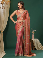 Women's Satin Silk Peach Embroidered Designer Saree With Blouse Piece