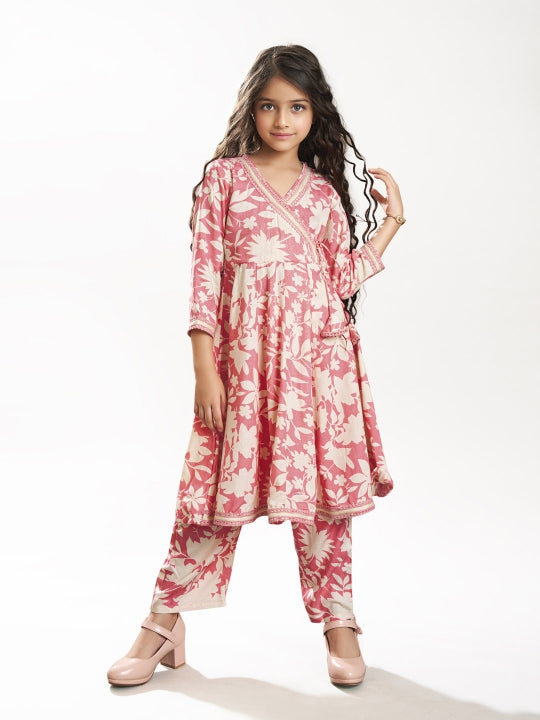 Girls Pink Angrakha Kurta with Trousers