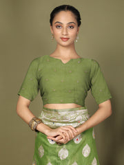 Green Floral Linen Cotton Saree with Zari Border & Digital Printed Pallu – Elegant Sari for Festive Occasions