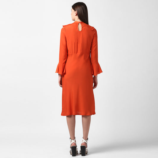Women's Orange Front Ruffle Bell Sleeve Dress
