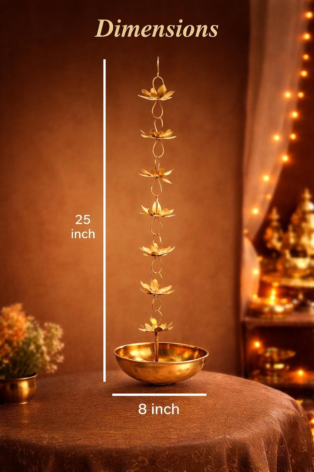 Metal Hanging Urli/Uruli Bowl (8 inch) with Chain, Petal Design, for Floating Flowers & Tealights, Entrance/Main Door & Mandir Pooja Décor