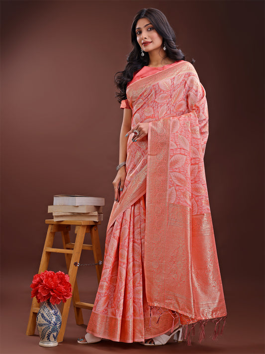 Peach Pink Linen Cotton Saree with Golden Zari Leaf Design & Elegant Pallu – Festive | Office | Daily Wear