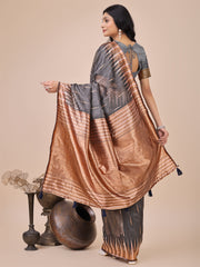 Premium Charcoal Black Linen Cotton Saree with Copper Zari Pallu & Abstract Print – Office & Festive Wear
