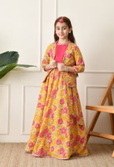 Girls Mustard Yellow Floral Printed Lehenga Choli Set with Stylish Jacket
