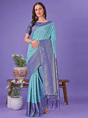 Vibrant Yellow & Blue Lichi Silk Saree with Rich Woven Border and Contrast Blouse – Festive & Wedding Wear