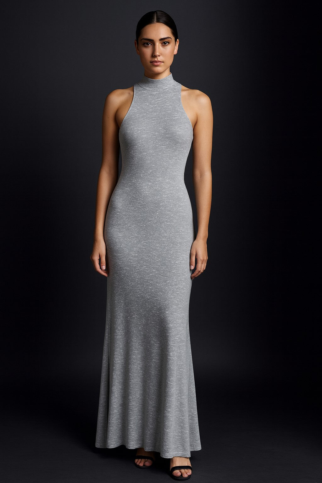 Grey Halter Neck Mermaid Gown-ADR-19803