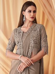 Women's Georgette Grey Embellished DesignerSaree With Blouse Piece