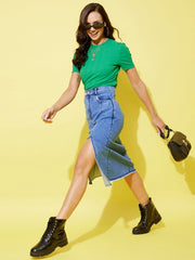Women's Denim Midi Skirt with Side Slit