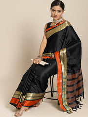 Women's Aura Silk Black WovenDesign DesignerSaree With Blouse Piece