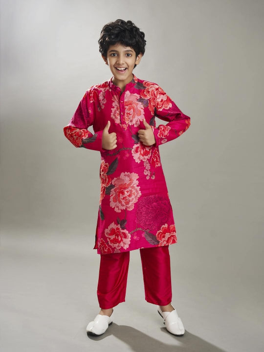 Boys Pink floral printed kurta with a Pink pajama