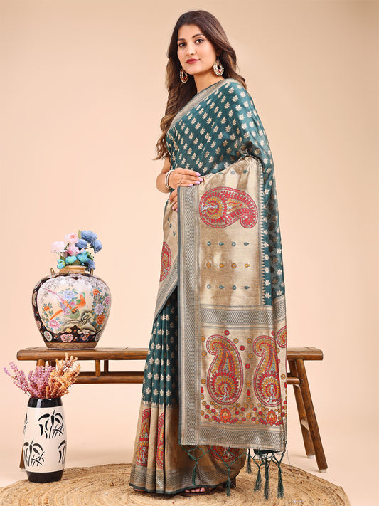 Grace in Every Thread – Sea Green & Beige Linen Cotton Saree with Royal Paisley Charm