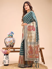 Grace in Every Thread – Sea Green & Beige Linen Cotton Saree with Royal Paisley Charm