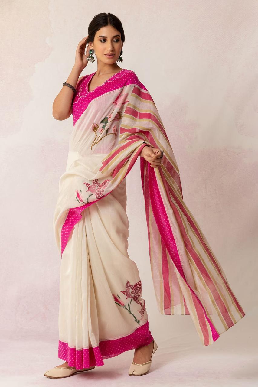 Soft linen saree with shaded style prints and cutwork