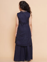 Solid Sleeveless Above Knee Length Cotton Kurta With Palazzo - Navy Blue