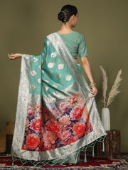 Green Floral Linen Cotton Saree with Zari Border & Digital Printed Pallu – Elegant Sari for Festive Occasions