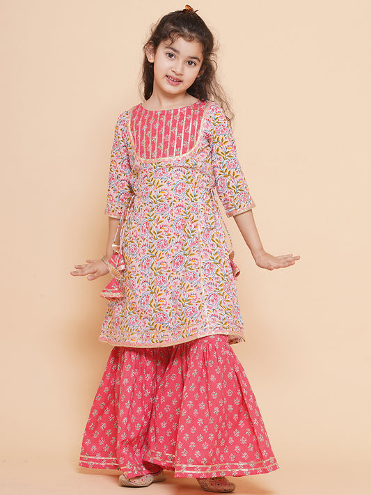 Placement Print Three-Fourth Sleeves Above Knee Length Cotton Kurta With Sharara - Pink