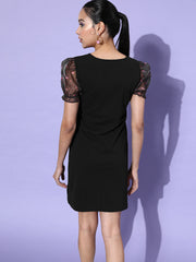 Women's Floral Sheer Sleeve Black Dress