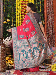 Traditional Red Art Silk Temple Border Festive Wedding Wear Saree