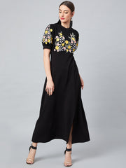 Black Embroidered Fit and Flare Dress