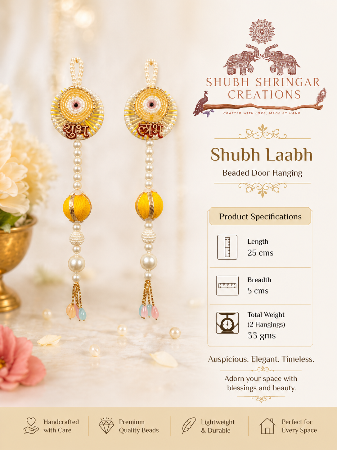 Shubh Shringar Creations Shubh Laabh Beaded Door Hanging, Yellow, Handcrafted, 25x5 cm,1 Pair(Small Size)