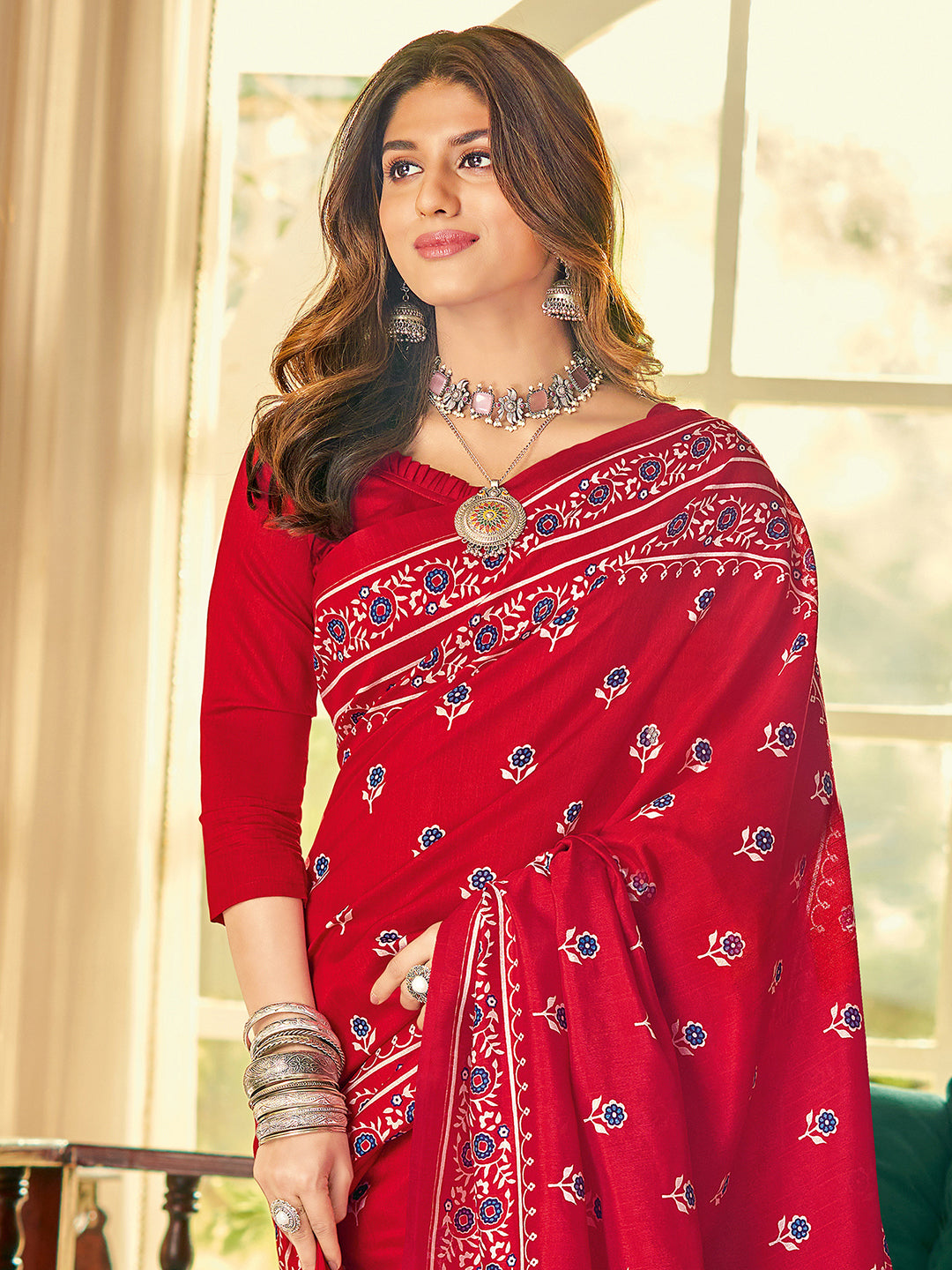 Women's Bhagalpuri Silk Red Printed DesignerSaree With Blouse Piece