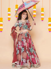 Girls Maroon Digital Multi Flower Printed Choli Lehenga with Maroon Dupatta