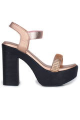 Casual Fashion Sandals 4 Inches Block Ankle Loop Round Toe Heels