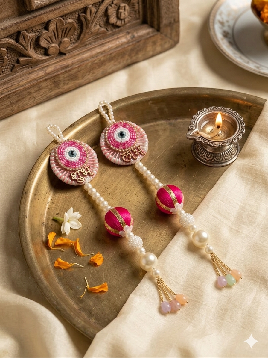 Shubh Shringar Creations Shubh Laabh Door Hanging, Pink, Premium Beads with Pearls and Metal Texture, 25 x 5 cm (Smalll Size), 1 Pair