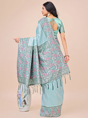 Premium Pink & Sky Blue Floral Woven Lichi Silk Saree with Rich Pallu & Tassels – Festive & Party Wear for Women