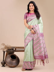 Radiant Sky Blue Silk Saree with Pink & Blue Floral Pattern – Perfect for Weddings & Festive Glamour