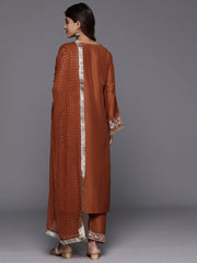 Women Rust Embroidered Straight Kurta With Bottom And Dupatta