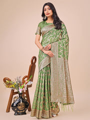 Elegant Sea Green Linen Cotton Saree with Silver Zari Border & Geometric Weave – Daily, Office & Festive Wear