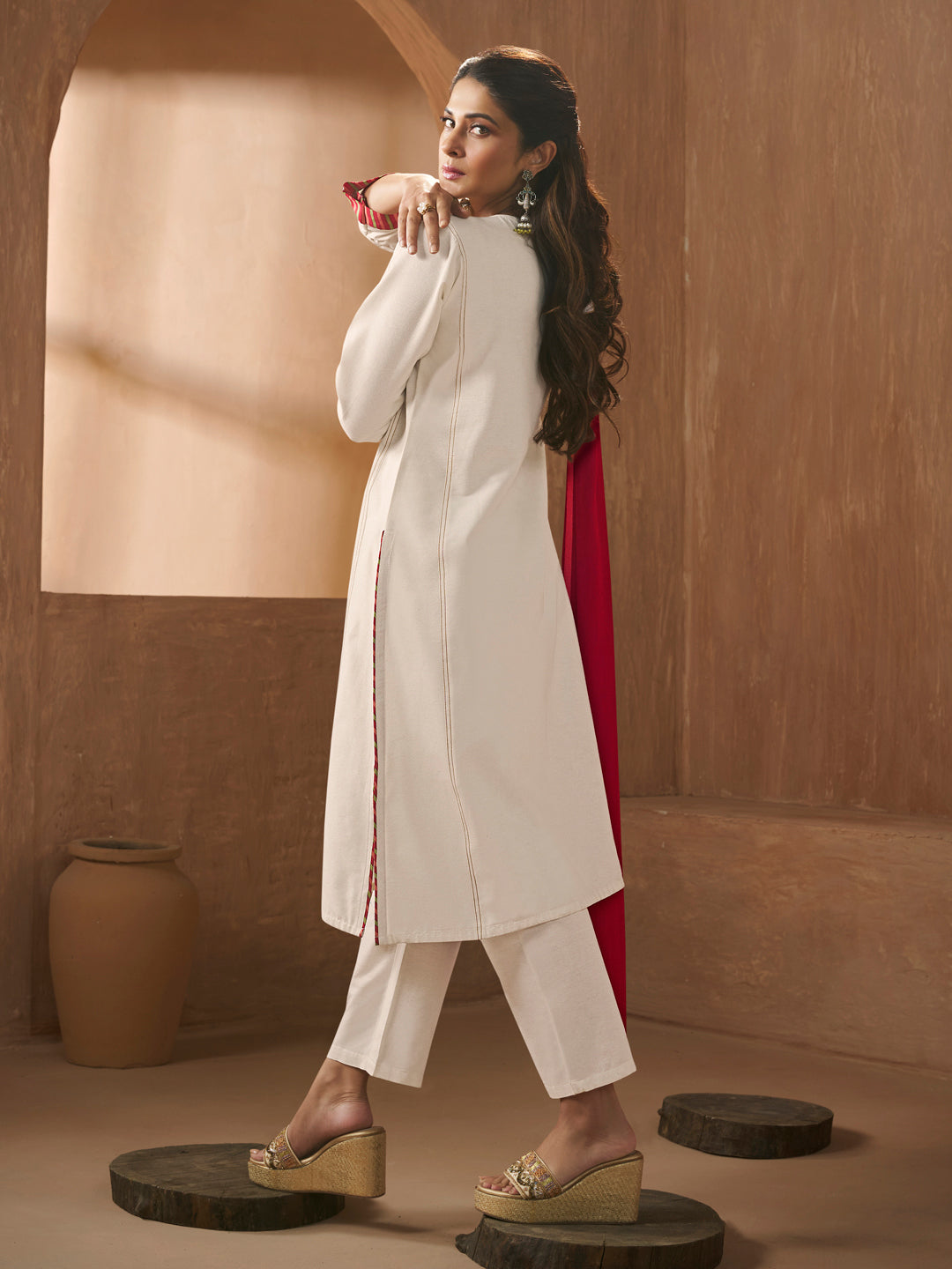 Off White Embroidery Kurta Set with Dupatta 