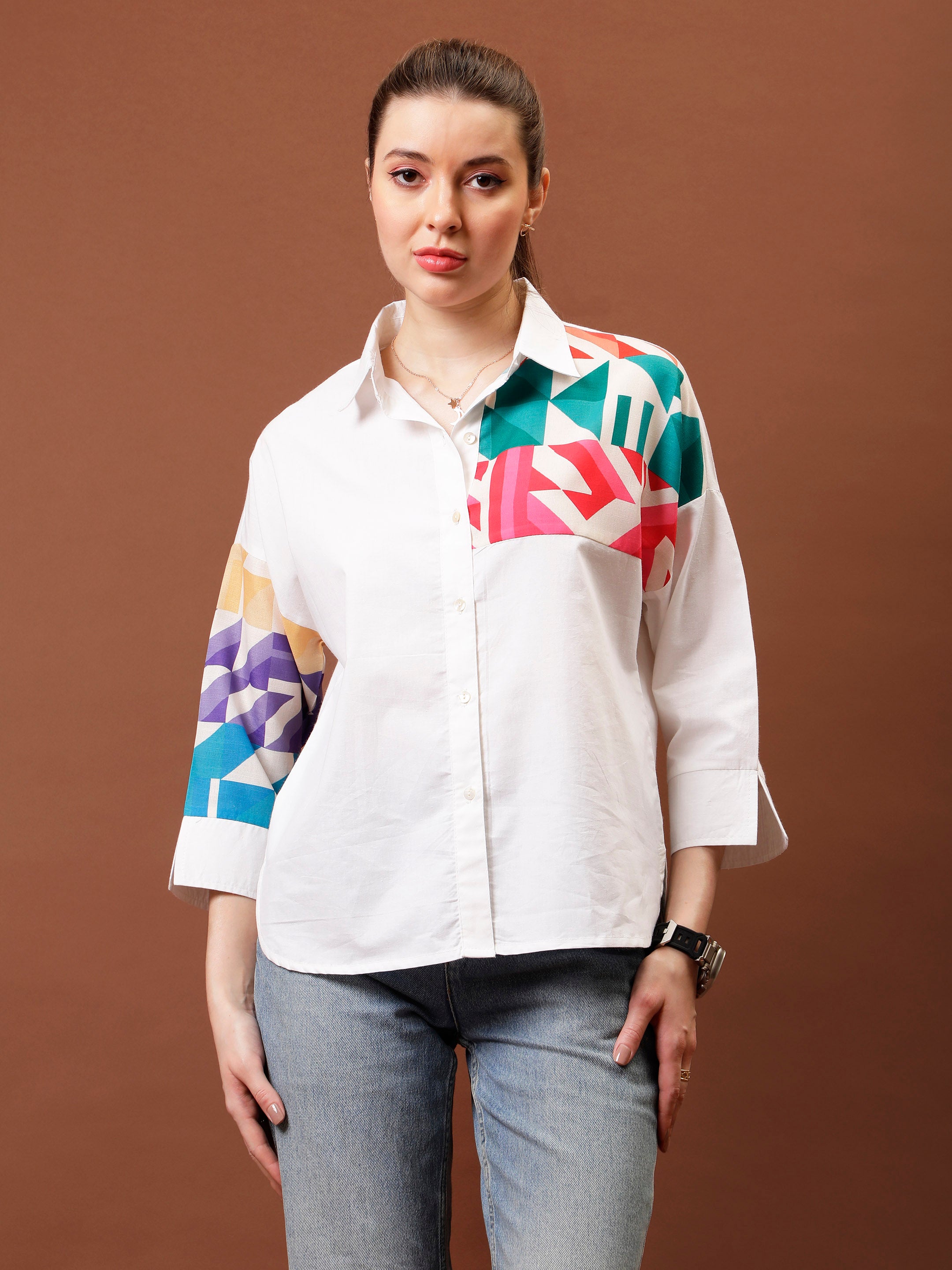 Print Applique Cotton Shirt Style Top