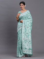 Sky Blue Linen Cotton Saree with Multicolor Elephant & Temple Motifs – Traditional Woven Pallu & Tassels
